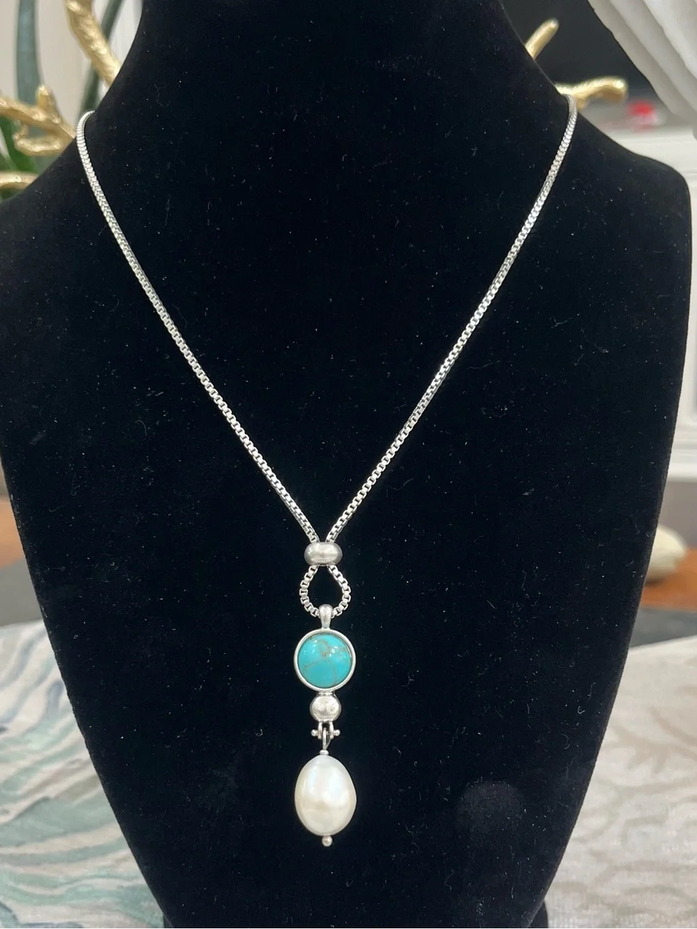 Lucky Brand Silver-Tone Necklace with Turquoise Stone and Pearl Drop Pendant